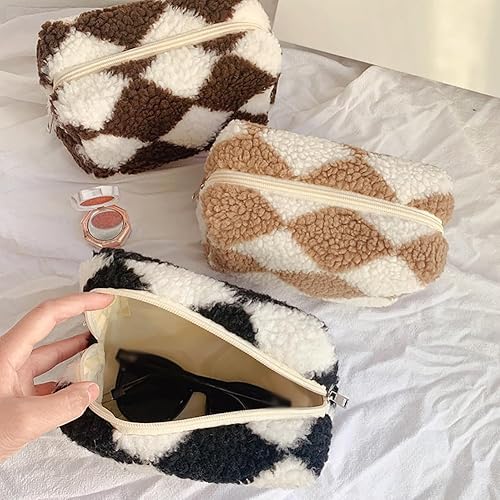 Miniatura 3 de Bolsa de cosméticos de felpa a cuadros de gran capacidad, bolsa de maquillaje a cuadros, bolso astético con cremallera, bolsa de almacenamiento de