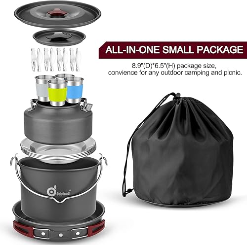 Miniatura 6 de Odoland Kit de 22 piezas de utensilios de cocina de campamento olla colgante de gran tamaño con base para cocinar juego de 4 tazas platos tenedores
