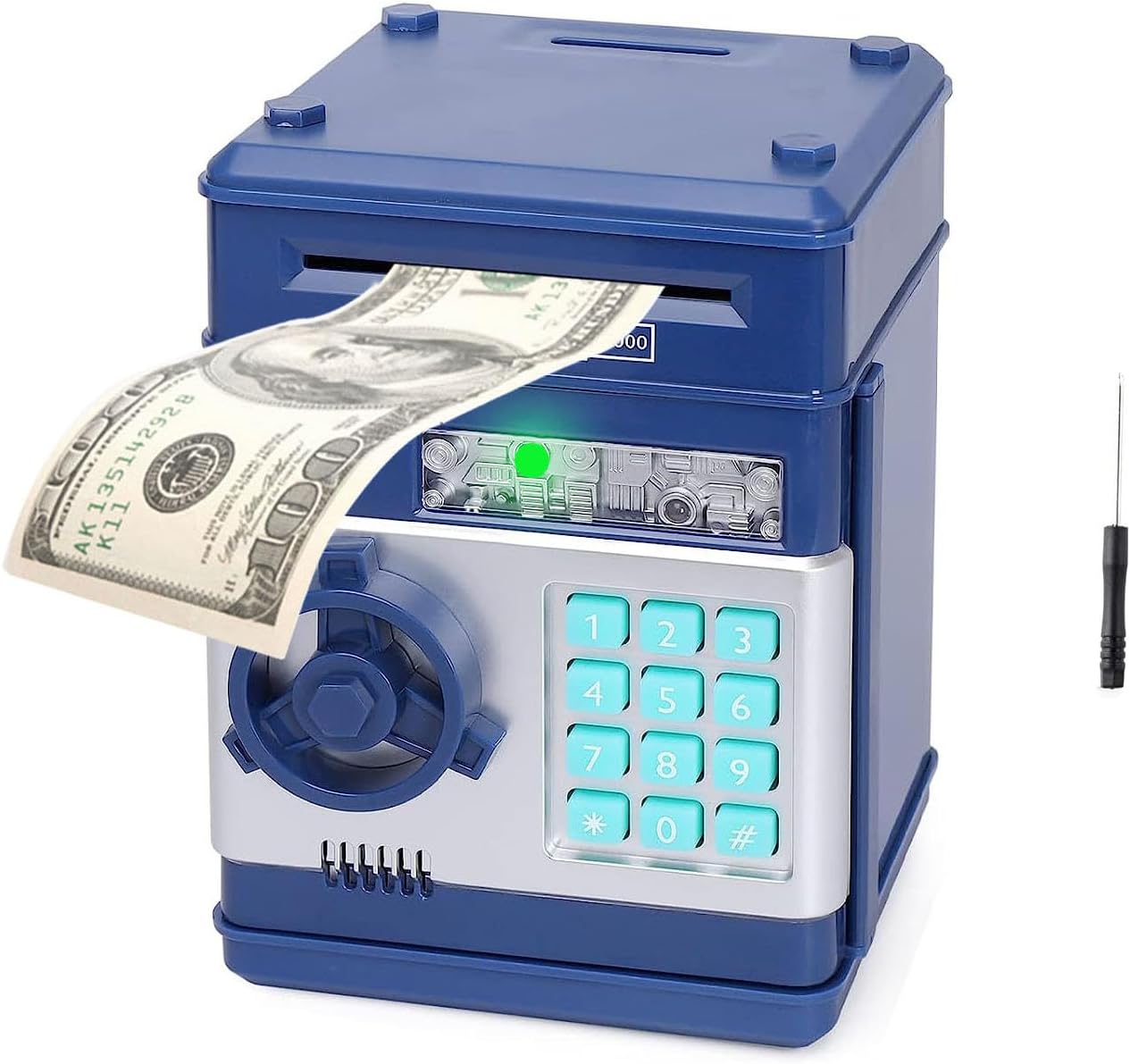 ATM電子コインバンク、スマート電子貯金箱、パスワード付き金庫、ミニATM銀行、子供用ミニATM電子貯金箱(色:青)(ピンク) 子供用貯金箱  電子貯金箱 お札 硬貨 金庫型 4桁暗証番号 自動巻き込 ミニATM 指紋開け パスワード設定 音楽付き 硬貨 紙幣 コイン 小銭 子供 キッズ ...