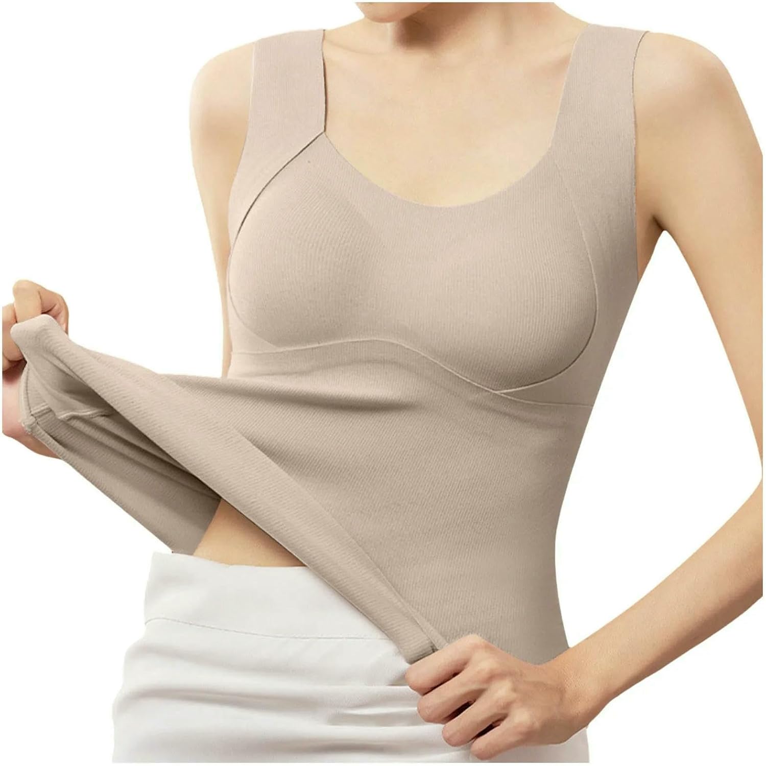 Women's Soft Cozy Thermal Tank Top with with Built-in Pads,Fleece Lined Base Layer Tops,Warm Winter Undershirt