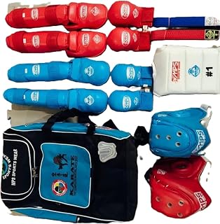MPS Sports Wear Karate Complete Protective Gear Set, Red and Blue, with Bag, Gloves, Shin Guards, Helmet (L) Price In India