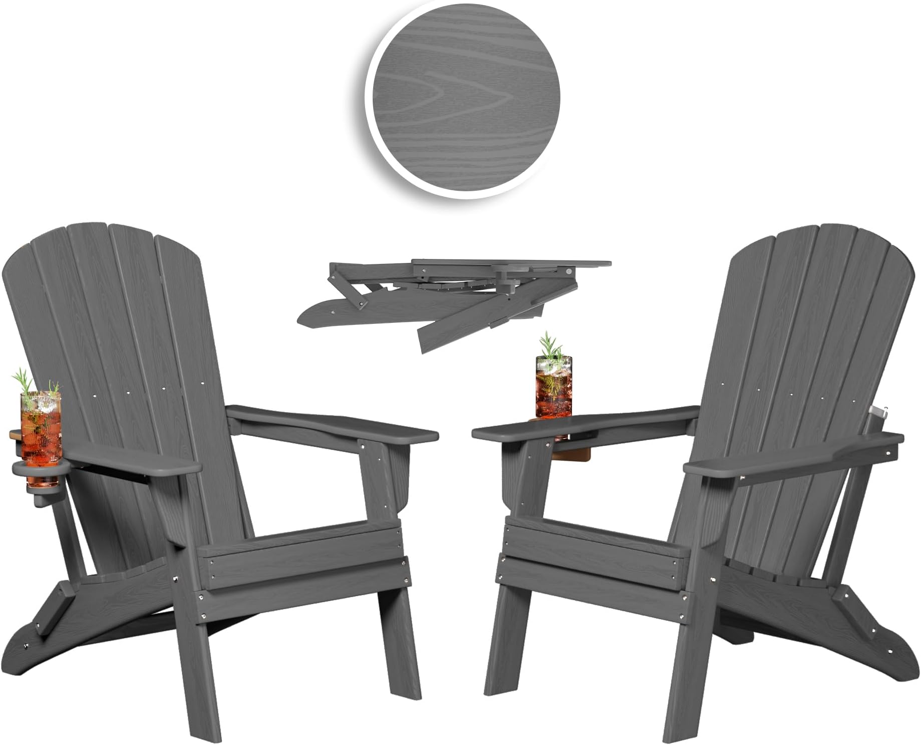 - Folding Adirondack Chair, SGS Tested, Wooden Textured with Cup Holder, Heavy All-Weather HDPE Comfortable Set Poolside Backyard Lawn Grey Set 2