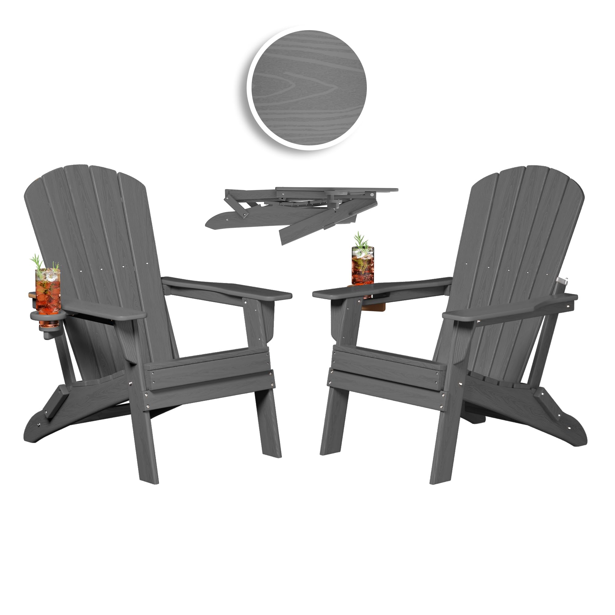 Plawdlik Folding Adirondack Chair, SGS Tested, Wooden Textured with Cup Holder, Heavy All-Weather HDPE Comfortable Set Poolside Backyard Lawn Grey Set 2