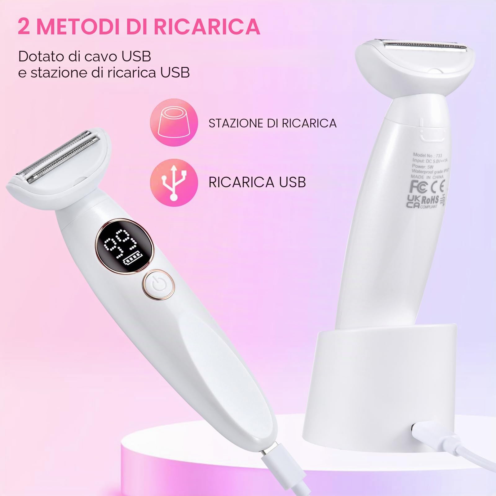 Rasoio Elettrico Donna, 5 in 1 Impermeabile Rasoio Parti Intime Kit Rasoio Elettrico Corpo, USB Rasoio Intimo a Secco e Bagnato Epilatore Elettrico Donna Indolore Femme
