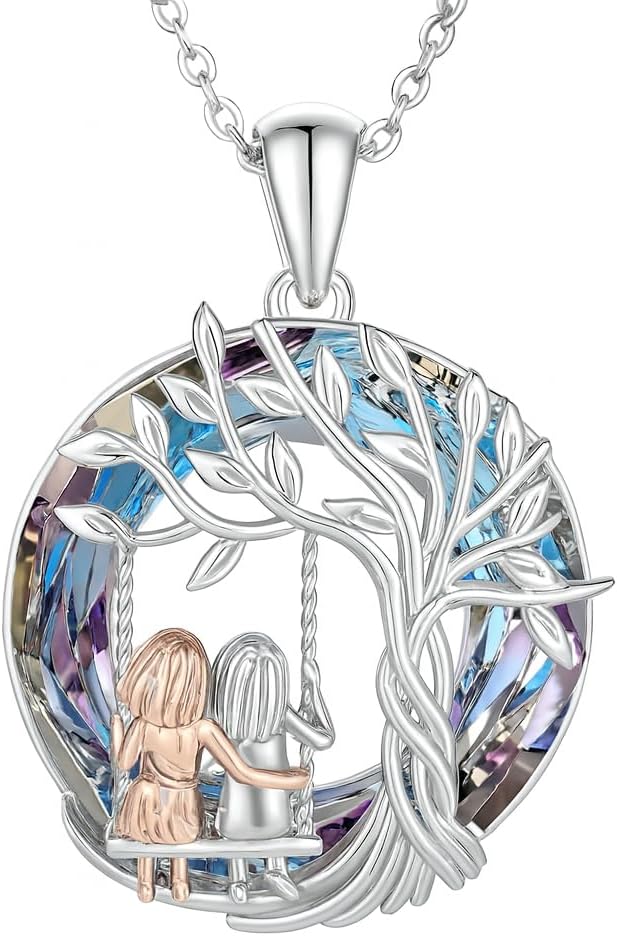 SUPAC Tree of Life Swing, Sloth, Horse + Other Styles Pendant Necklace, Silver Chain, Crystal Rainbow Background - Gift for Friends