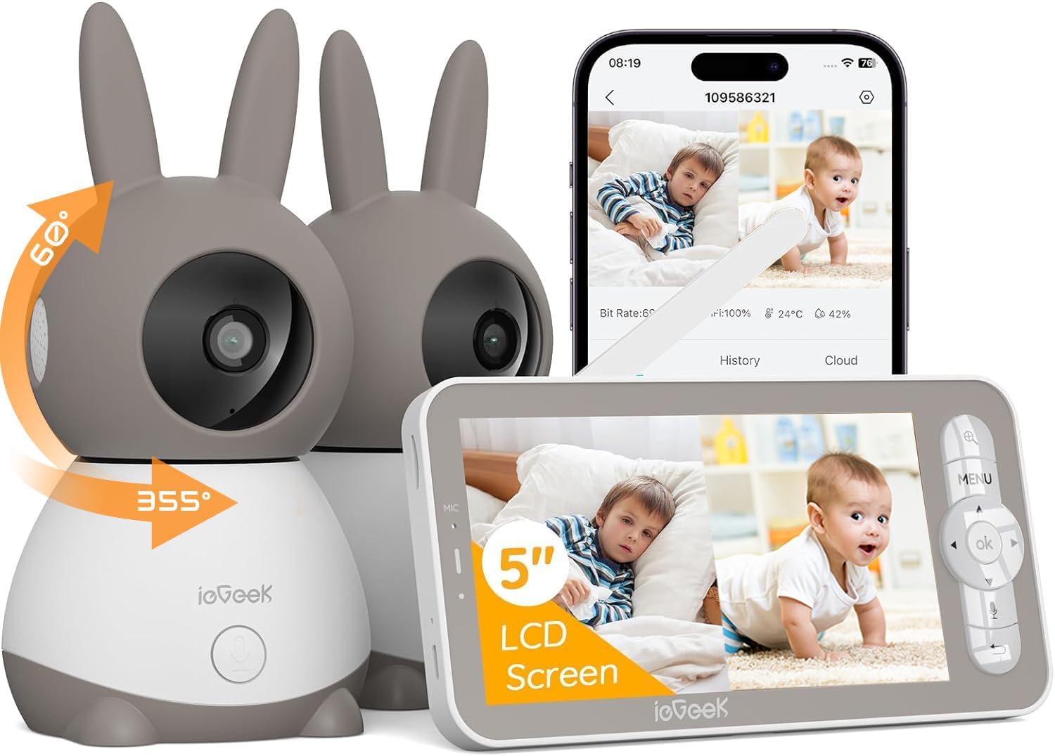 ieGeek 2K WiFi Baby Monitor with Two Cameras, Phone App & 5" Split-Screen Control, 360° PTZ, Smart Video Camera, Night Vision, Automatic Tracking, Crying Detection, Temperature/Humidity Sensor