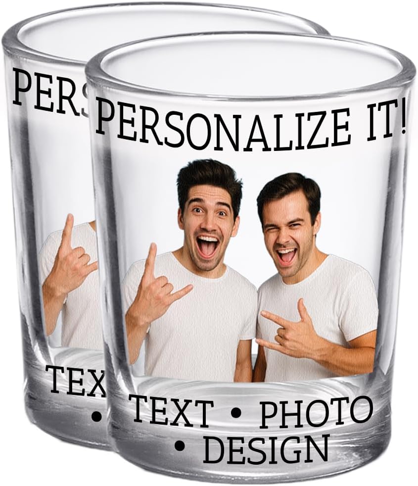 2pk Personalized Printed Photo 2.5oz Shot Glasses, Gifts for Dads and Moms, custom image or pictures – anniversaries, party favors, bachelor or bachelorette party, 21st birthday shot glass Cute