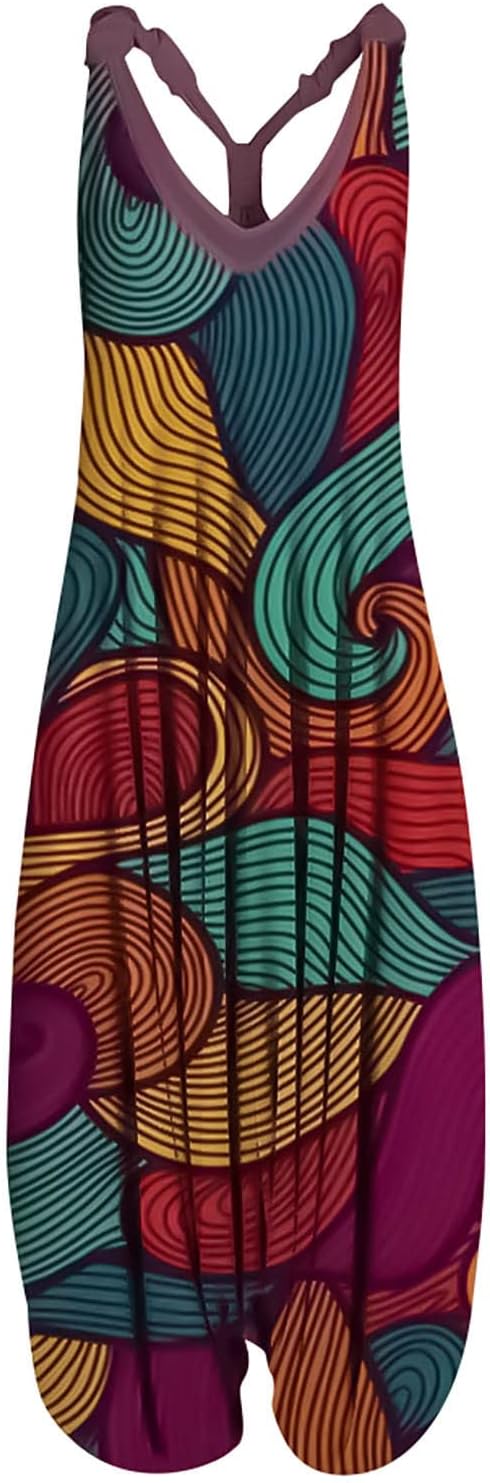 Women Classic Boho Floral Printed Harem Jumpsuit Spaghetti Straps Romper Vintage Paisley Overall Loose Wide Leg Breathable Playsuit Comfortable Thin Cropped Jumpsuit