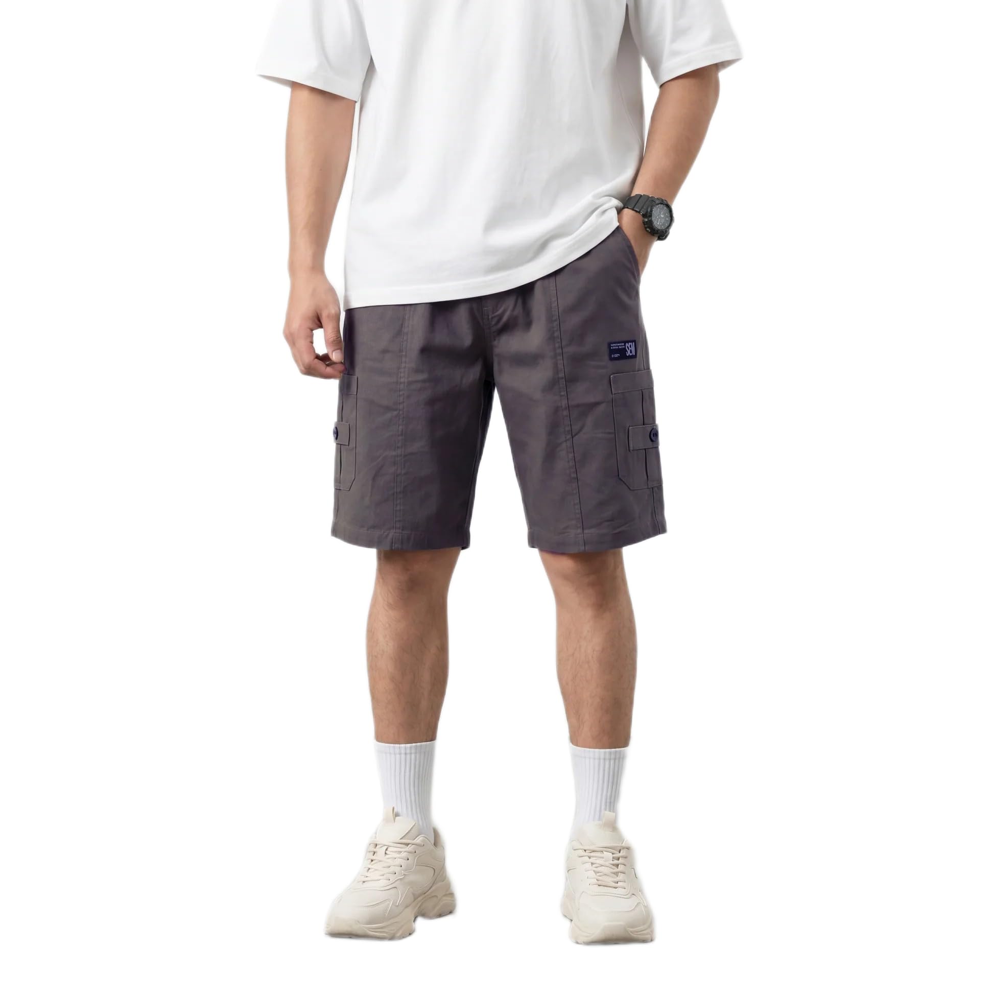Men's Cotton Cargo Shorts in Dark Gray with Elastic Waist |STYL 117-image-36