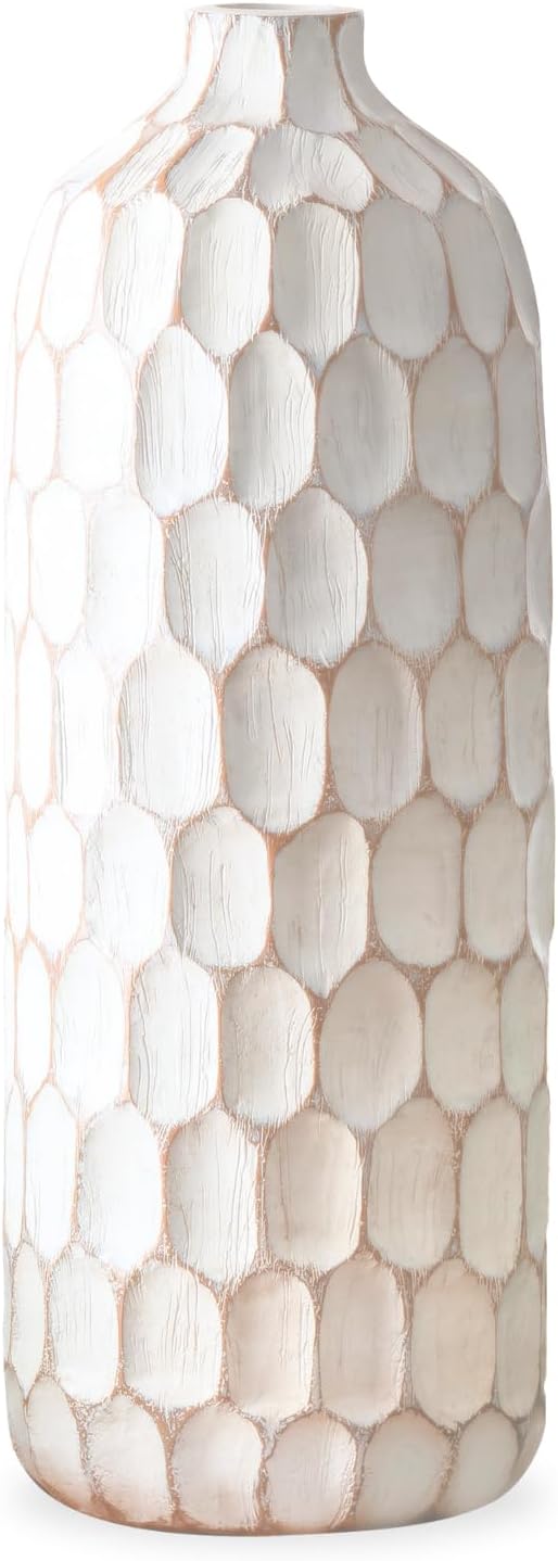 Torre & Tagus Rustic 15 Inch Vase in White/Brown, Large Rustic Vase Farmhouse Terracotta Style for Home Decor, Boho Large Vases Home Decor for Living Room, Table, Wedding, Shelf (Carved Divot)