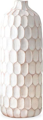 Torre & Tagus Rustic 15 Inch Vase in White/Brown, Large Rustic Vase Farmhouse Terracotta Style for Home Decor, Boho Large Vases Home Decor for Living Room, Table, Wedding, Shelf (Carved Divot)