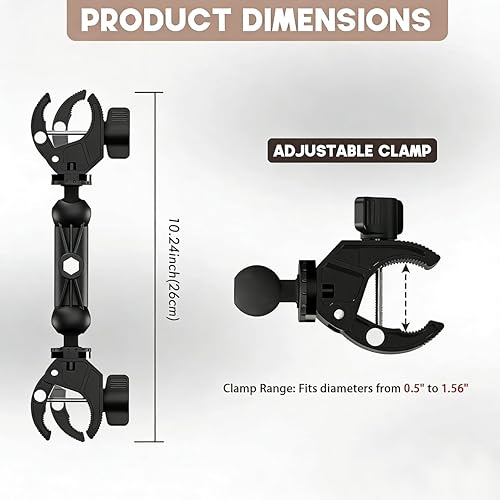 Miniatura 6 de Soporte de doble abrazadera de aluminio con brazo mágico de 360°, abrazaderas para sombrilla para silla, carriola, abrazadera de cámara para soporte