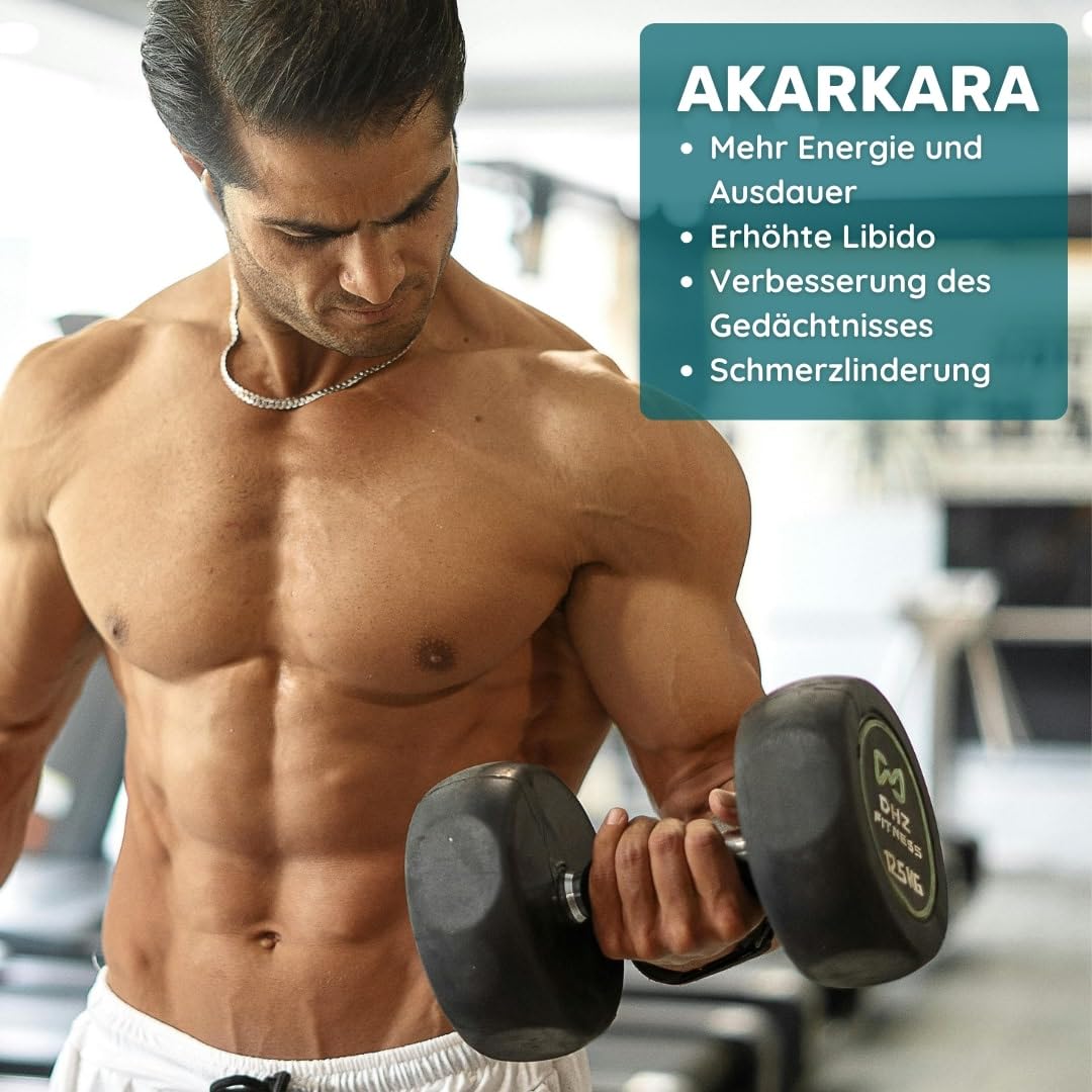 Akarkara 500 mg * 60 Kapseln – Boost für Testosteron und Vitalität – Verdauung und Stressbewältigung – Hochkonzentriert: 500 mg pro Kapsel ohne Zusatzstoffe – geeignet für Veganer