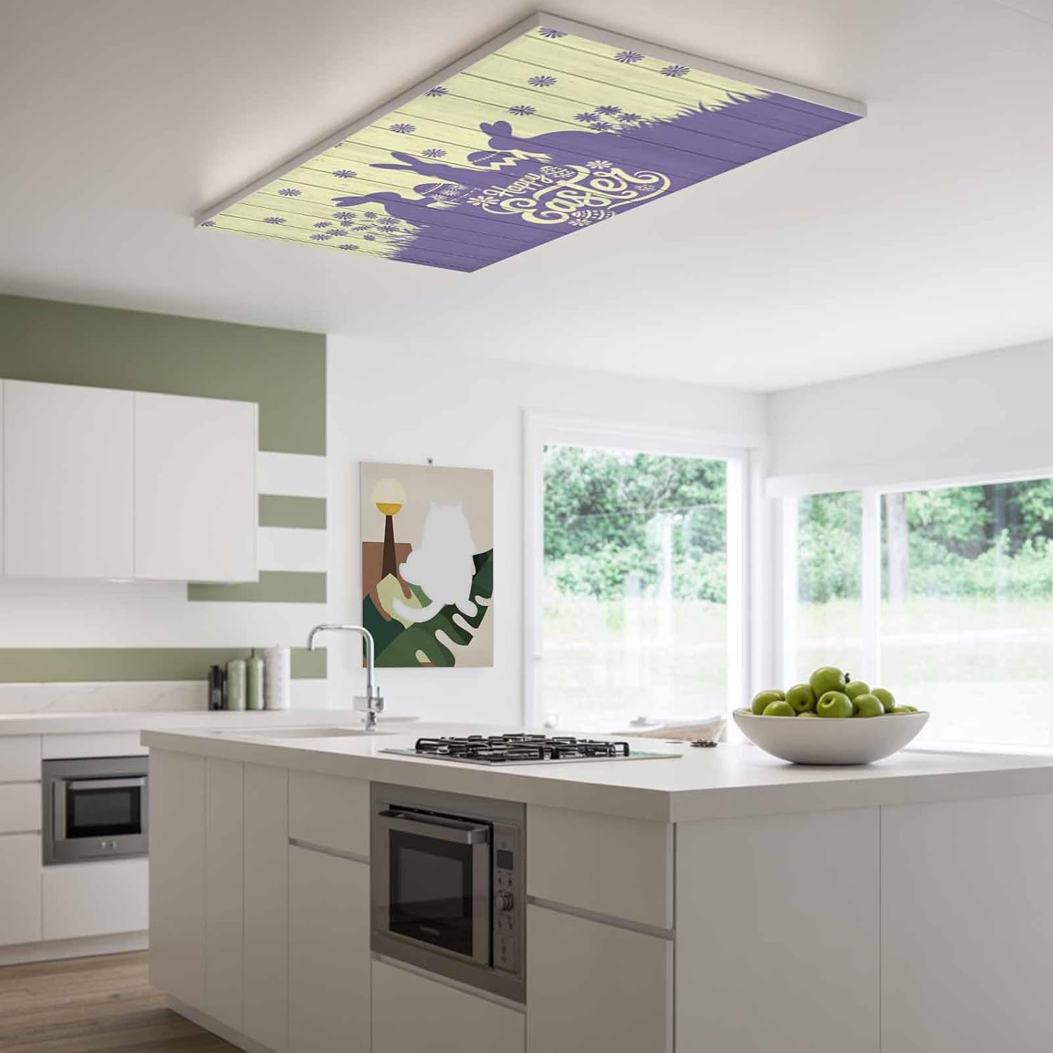 Happy Easter Rabbits Fluorescent Light Covers for Ceiling Lights 4x2 feet,4 Pack Magnetic Light Filters for Classroom,Spring Daisy Purple Silhouette Wooden Grain Fluorescent Lamp Shade Panel