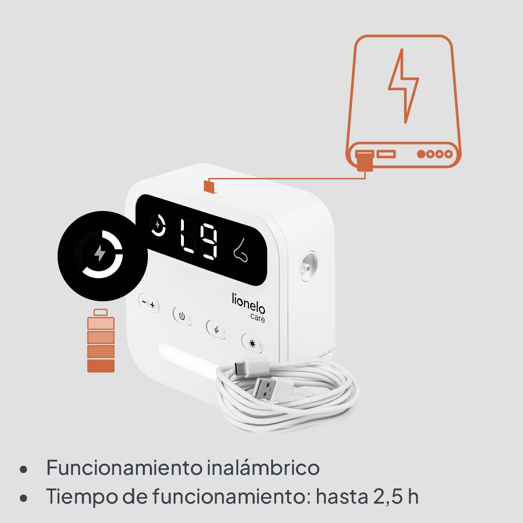 Lionelo BabyAir Flow Aspirador nasal eléctrico para bebés y niños | 9 modos de succión | Limpieza potente y suave | USB-C recargable | Batería de hasta 2,5 horas | Luz nocturna | 3 puntas de silicona