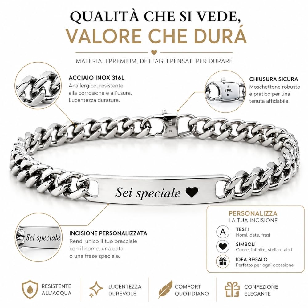 Bracciale Uomo Personalizzato con Incisione Acciaio Inox Maglia Cubana Grumetta – Braccialetto Catena Maschile con Nome Data Dedica – Design Elegante Regolabile – Idea Regalo Uomo bcc1031