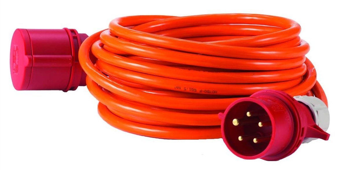 Alargador trifásico AC 32 A Hedi 10 m. cable armado Hedi Plus 5G4,0, color naranja, IP44