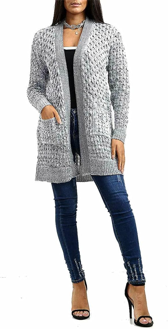 Womens Crochet Marl Knitted Cardigan Sweater Oversized Open Front Outerwear
