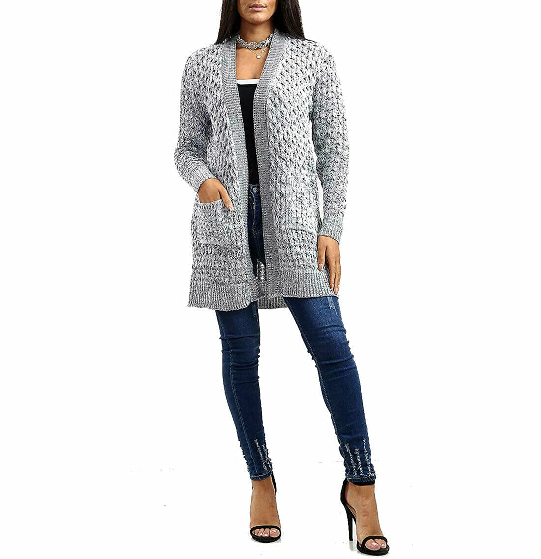 Trendyfashion Women's Grey Chunky Marl Knitted Long Cardigan With 2 Pockets Loose Knitwear Sweater