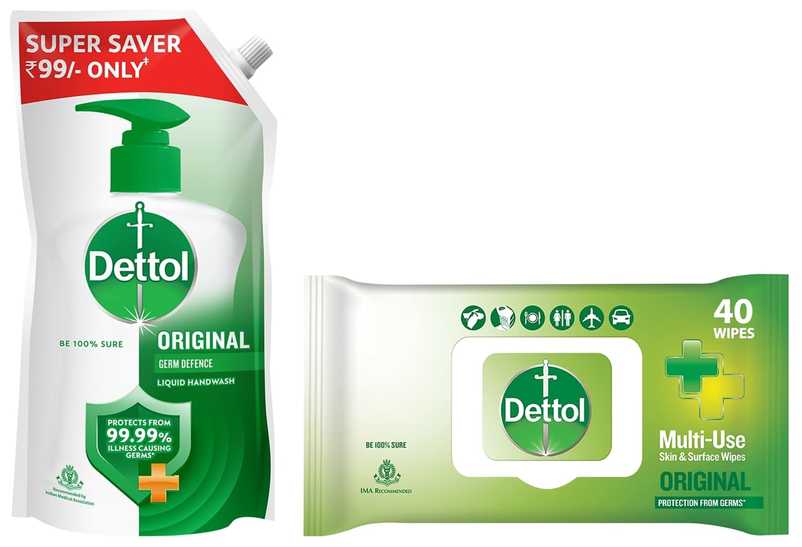 Dettol Disinfectant Skin & Surface Wipes, Original – 40 Count & Dettol Liquid Handwash Refill - 675ml | Germ Defence Formula | 10x Better Germ Protection