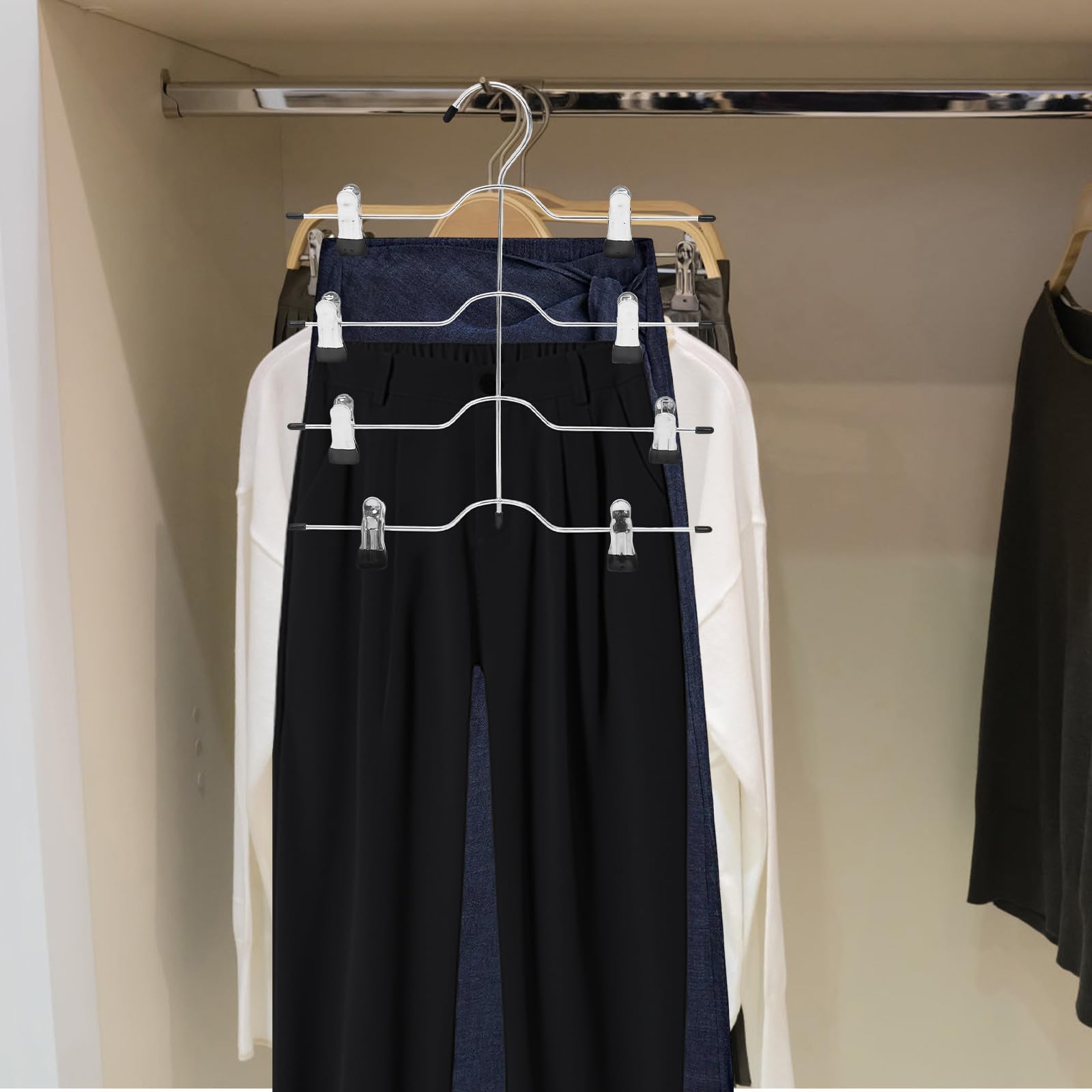 UKCOCO 4 Pezzi Grucce per Pantaloni con Clip Antiscivolo, Appendini Pantaloni a 4 Livelli, Acciaio ad Alto Manganese, Nero, per Armadio e Organizzazione Guardaroba