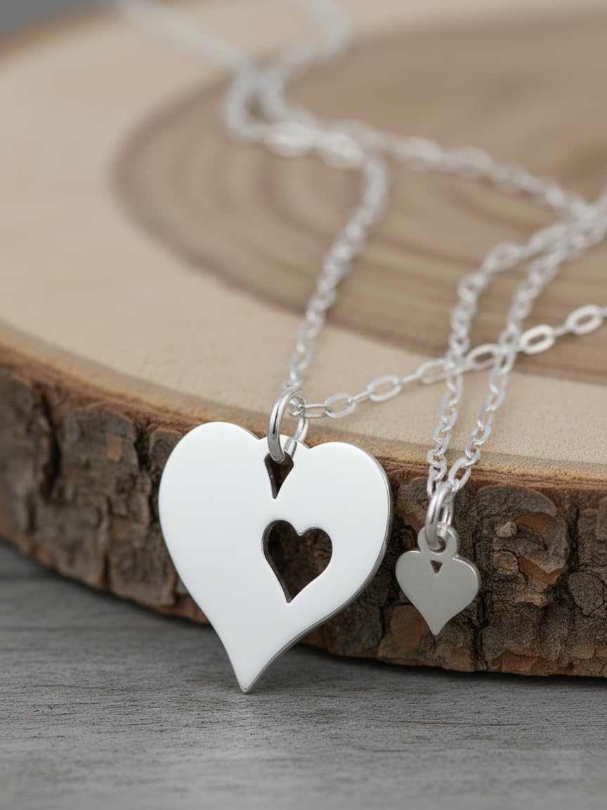 EnCharmed Sterling Silver Mother Daughter Hearts Set of 2 Flat Charm Necklaces, Mom Pregnancy Delicate Pendant Jewelry, 18"
