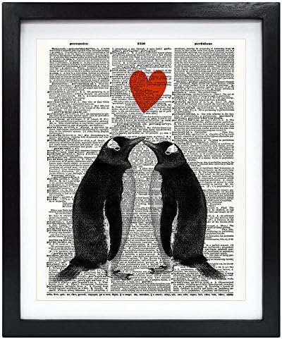 Susie Arts 8X10 Unframed Penguin Couple in Love with Heart Upcycled Vintage Dictionary Art Print Book Art Print Home Decor Funny Wall Art V151