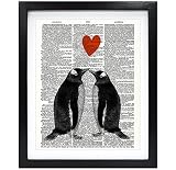 Susie Arts 8X10 Unframed Penguin Couple in Love with Heart Upcycled Vintage Dictionary Art Print Boo