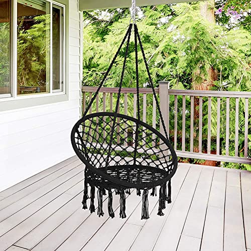 Ldaily Hammock Chair, Outdoor Macrame Swing Chair W/ Backrest & Metal Hoops, Cotton Rope Handwoven Hanging Chair For Bedroom, Balcony, Backyard & Garden, 330Lbs Capacity (Black) #TOP7