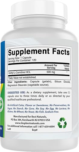 Miniatura 6 de Best Naturals Acetil L-carnitina 500 mg 120 cápsulas (120 unidades (paquete de 2))
