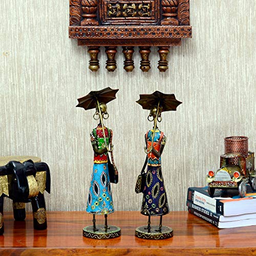 Image of Metal Handpainted Decorative Umbrella Doll (Set of 2) Figurine Showpiece