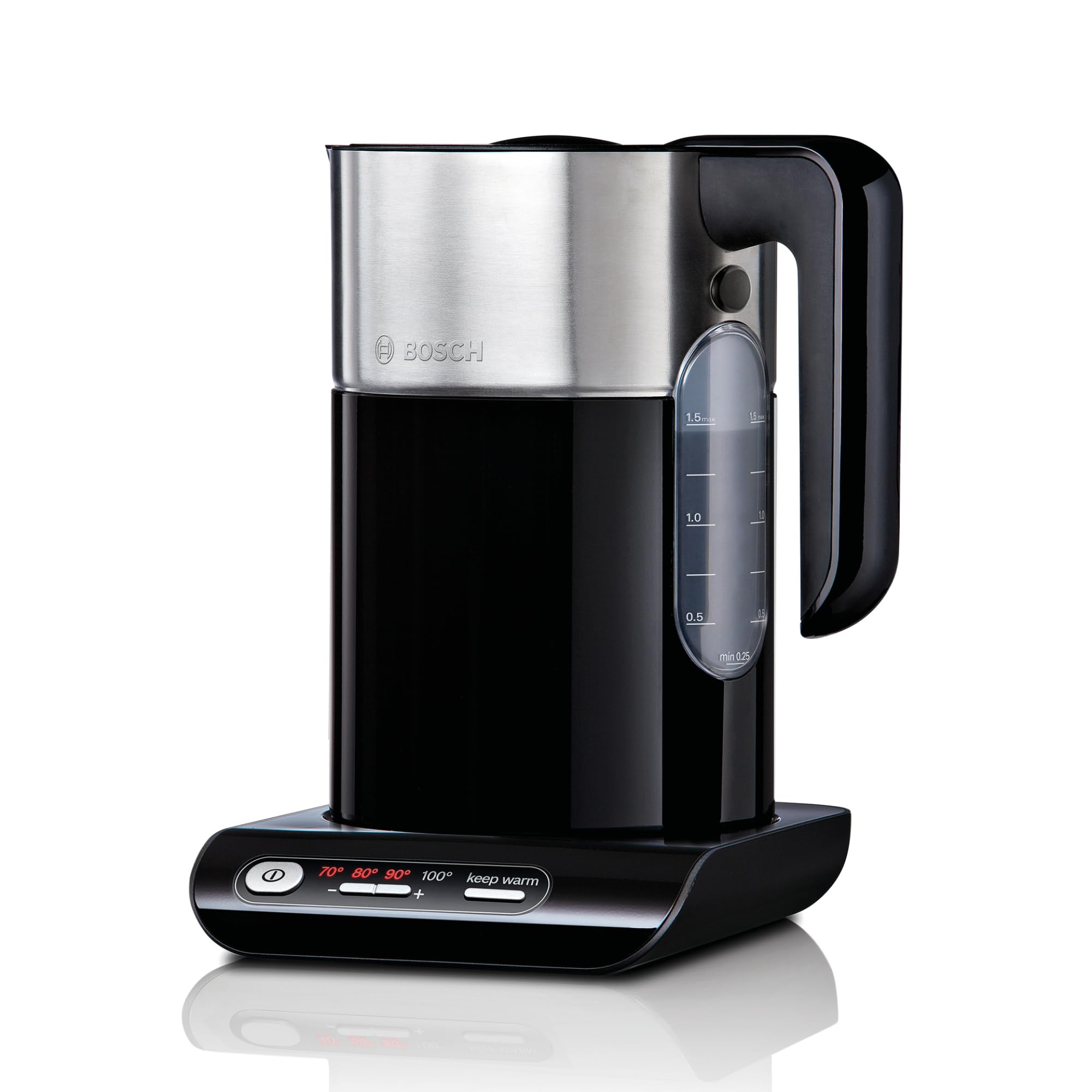 Bosch kabelloser Wasserkocher TWK8613P, Abschaltautomatik, Überhitzungsschutz, Temperaturwahl, Warmhaltefunktion, 1,5 L, 2400 W, schwarz