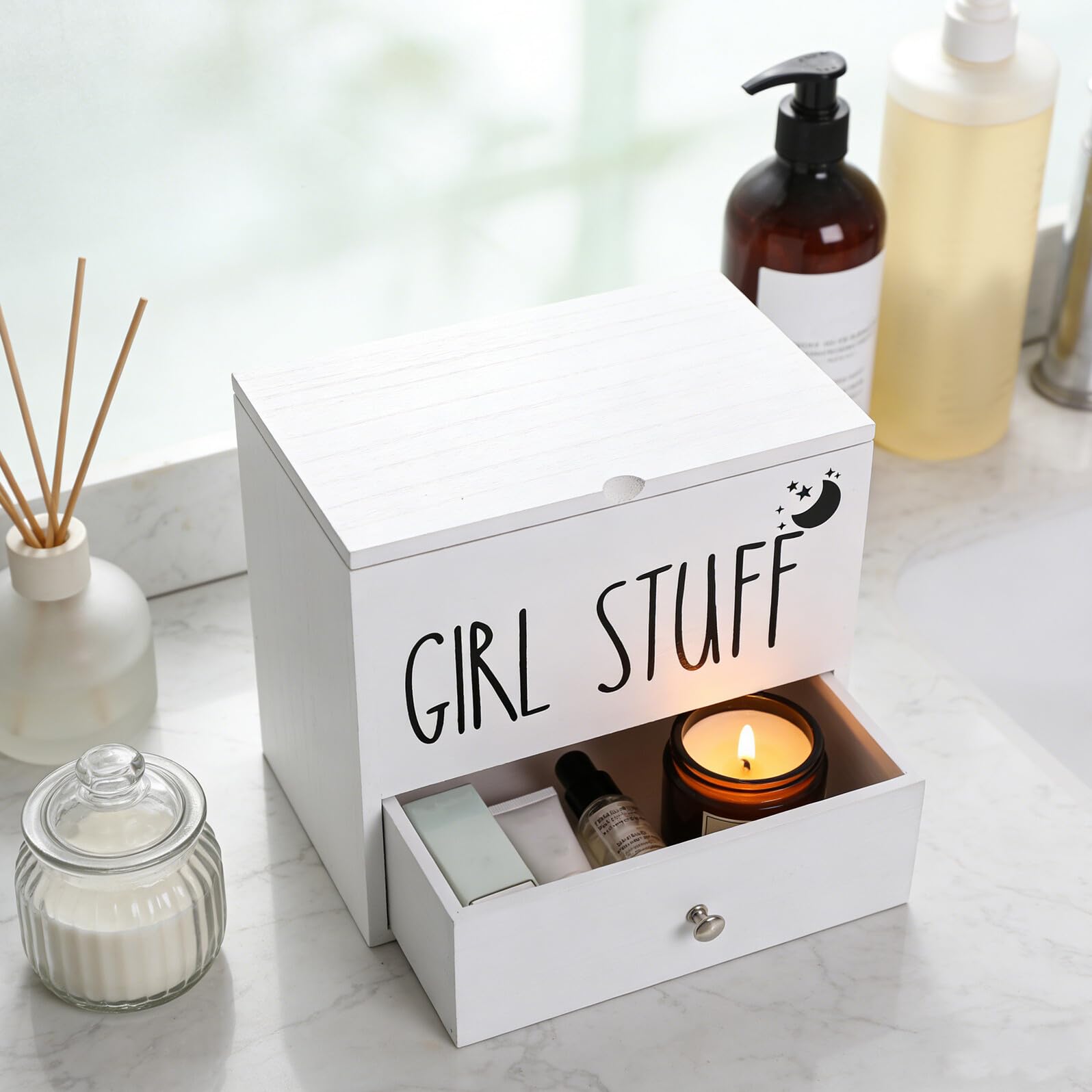 Housoutil Tamponhalter mit Deckel Feuchtigkeitsgeschützter Damenhygiene Organizer Weiß Aufbewahrungsbox für Badezimmer mit Großem Fassungsvermögen und Platzsparendem Design