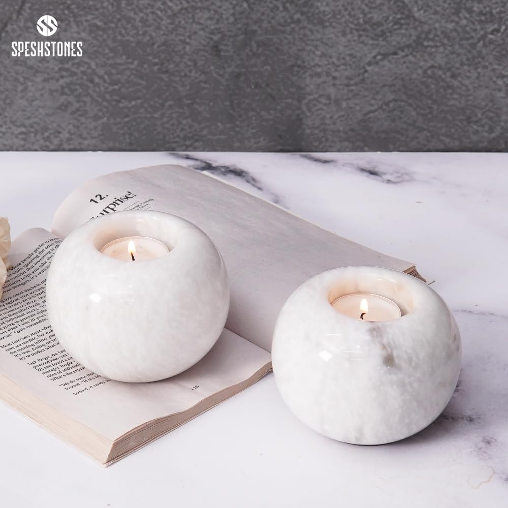 Marble Tealight Candle Holder 4 Inch White Votive Candle Holders for Centerpieces Dining Table & Small Tea Lights Candles Set of 2 for Birthday & Wedding Decor