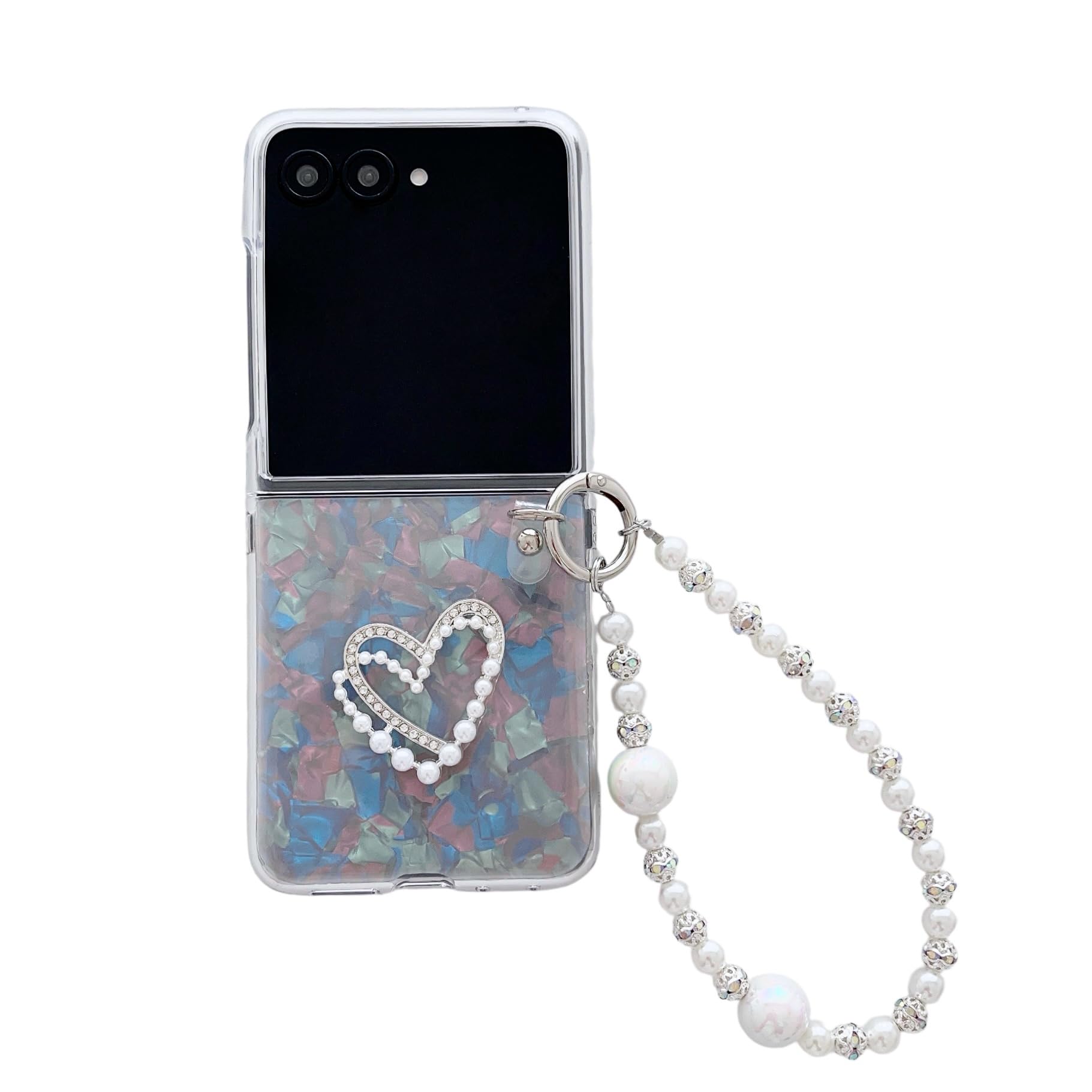 SKPY Cute Case Compatible with Motorola Razr Ultra 2025 with Pearl Chain,Glitter 3D Love Shell Texture Sparkly Shockproof Protective for Moto Razr