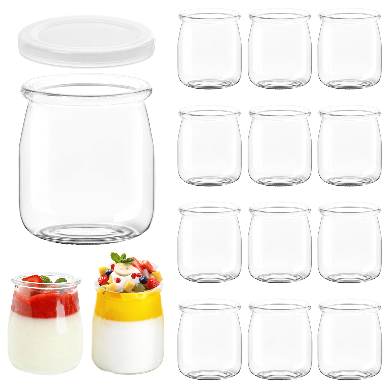 200 ml Vasetti per Yogurt con Coperchio, Confezione da 12 Bicchieri da Dessert Trasparenti In Vetro, Barattoli da Dessert con Coperchio per Gelatina, Miele, Mousse, Cereali, Dessert