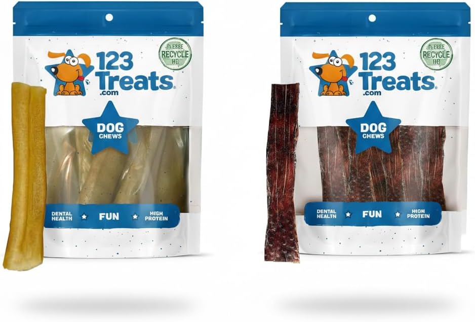 123 Treats Natural Joint & Dental Support Dog Chew Bundle – 12” Beef Esophagus Gullet Sticks (20 Count) + 6” Collagen Roll Chews (8 Count) – Long Lasting, Rawhide Alternative, All Natural Dog Treats