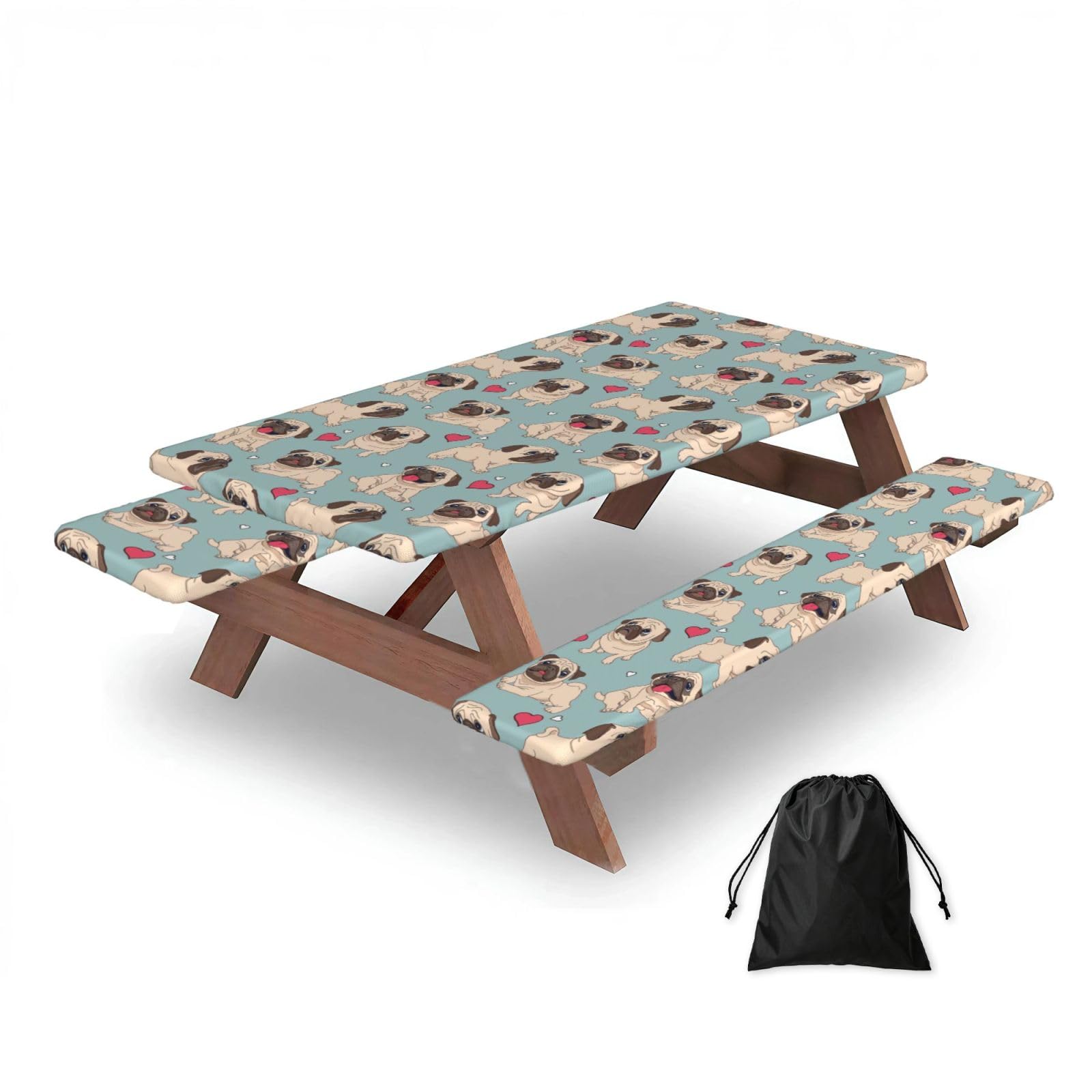 Dopklna As Picture Blue Pug Sticker, Picnic Table Cover With Bench Covers -Waterproof Elastic Fitted Tablecloth For Garden Camping Patio 76X152cm