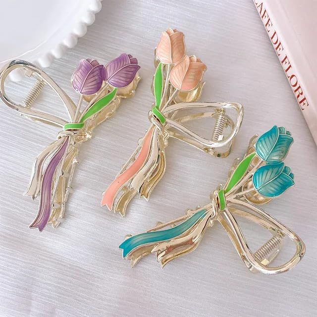 Image of Diversa Rhinestone Golden Claw Clip, Embellished Korean Clutcher, Non- Slip Metal Claw Clip for Girls, Fancy Clutcher for Women, Pack of 1 (Tulip)