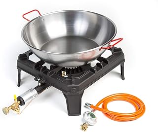 4 Fuss Hockerkocher - Gaskocher 8,8 KW mit Zündsicherung + Stahlpfanne 40 cm + Gasschlauch und Druckminderer (Gusseisen Wokbrenner Asia Kocher, Gastrokocher, Gasherd, Campingkocher für Wok)