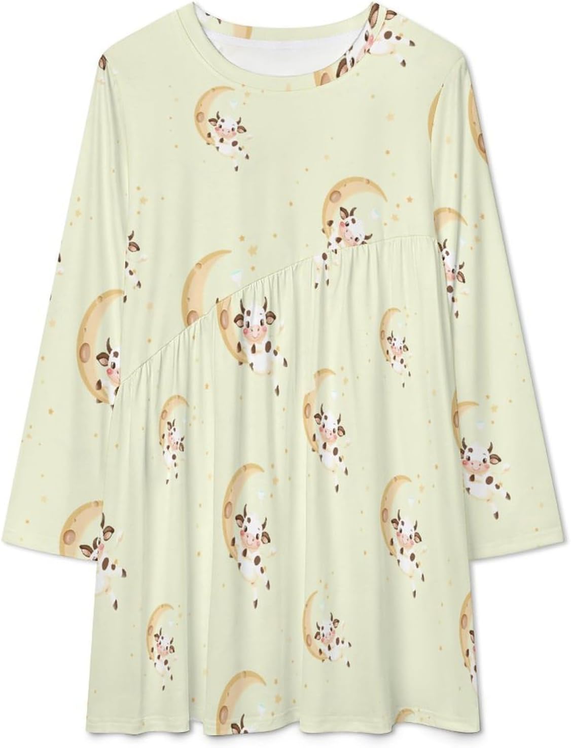 Cute Cow Jumping Over The Moon Women's Fleece Sleeve Sweatshirt Dress Long Pullover Casual Dresses