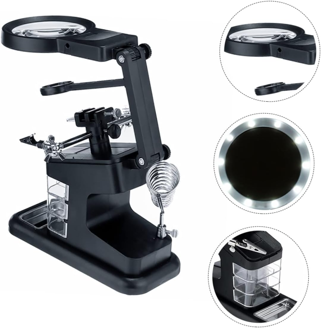 Lurrose Multi-Function LED Magnifier Station 2 Alligator Clips 3X/4.5X/25X Magnifying Glasses 3 Drawers Soldering Stand and Storage Tray for Electronics Repair and Hobby Projects