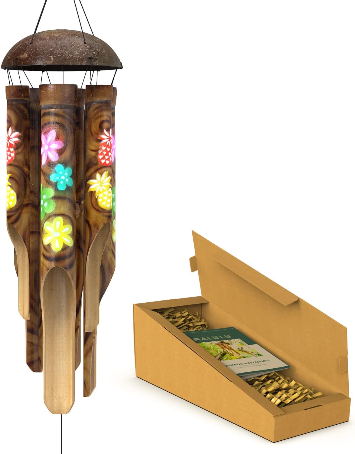 Nalulu Piney Bamboo Wind Chimes - Outdoor Wood Wooden Windchimes, Tropical Design with Coconut Crown, Handcrafted with Calming Deep Tones, Ideal Home Decor or Gift for Any Occasion