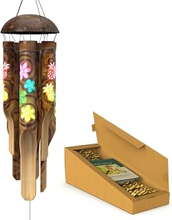 Nalulu Piney Bamboo Wind Chimes - Outdoor Wood Wooden Windchimes, Tropical Design with Coconut Crown, Handcrafted with Calming Deep Tones, Ideal Home Decor or Gift for Any Occasion