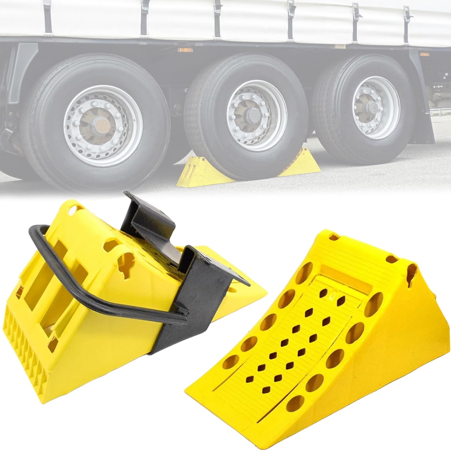 Generisch 2 cuñas de freno antideslizantes para camiones, con soporte, 6500 kg, 6,5 t, color amarillo