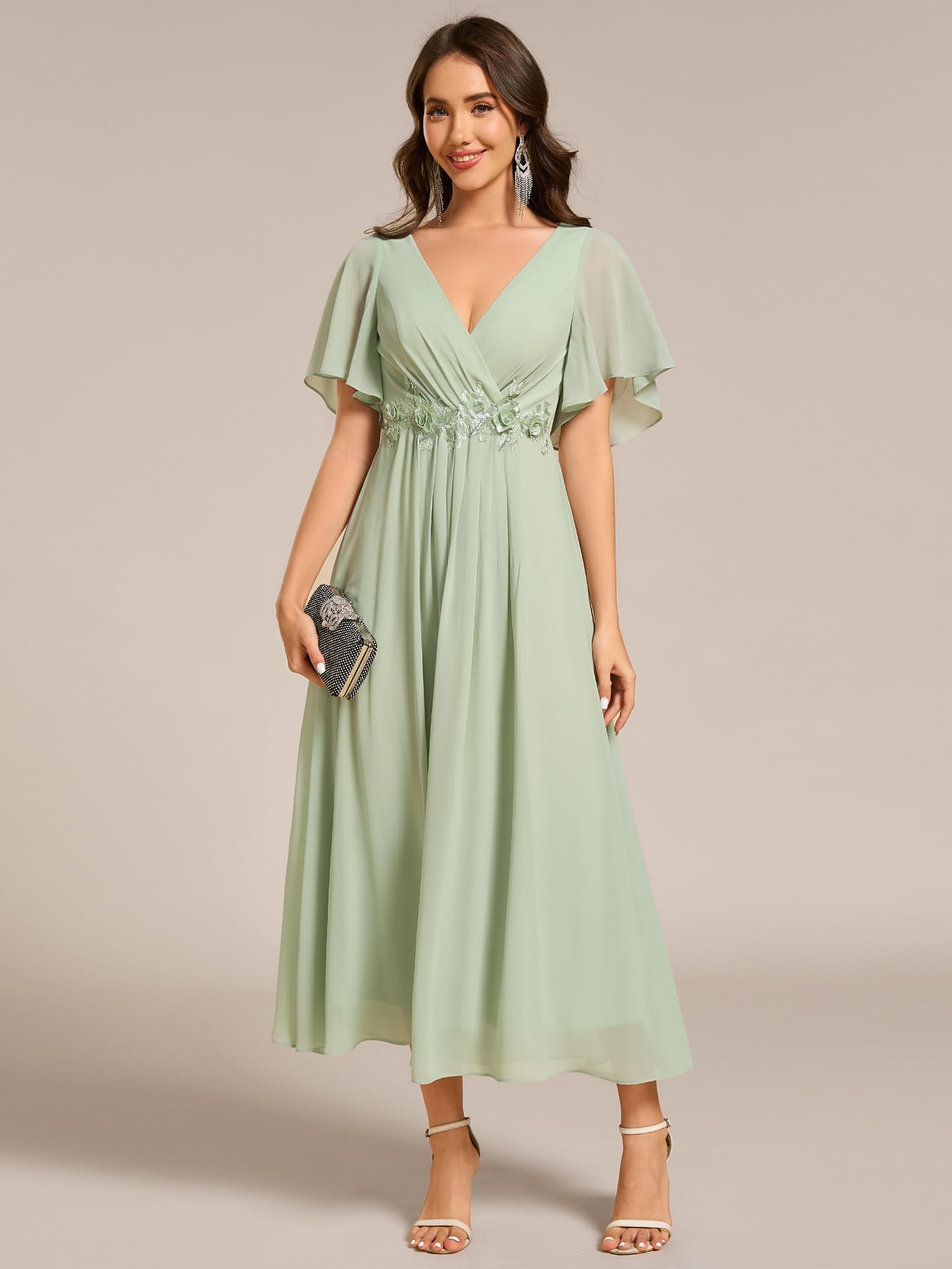 Ever-Pretty Robe d'invité de mariage formelle avec col en V en mousseline plissée et manches volantées