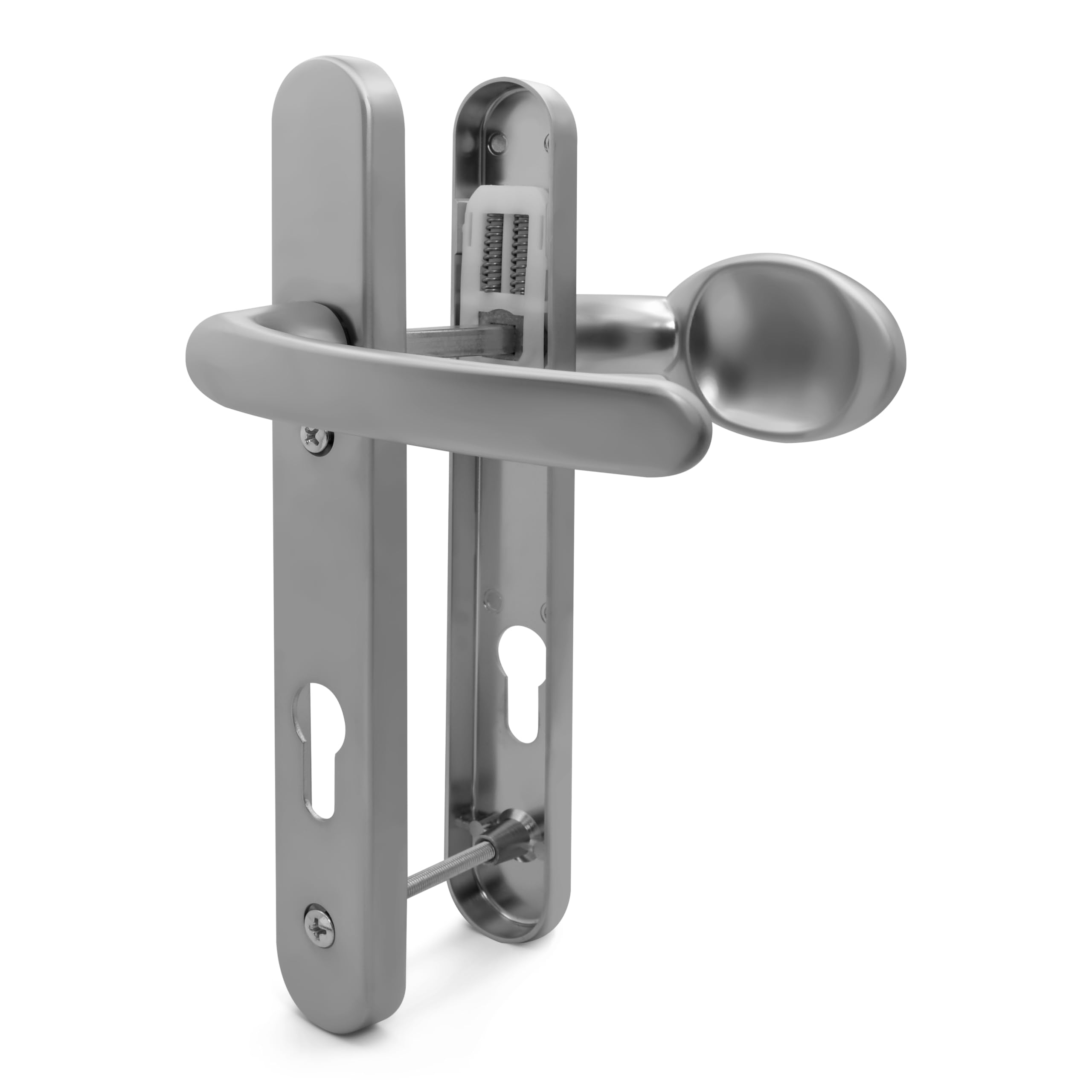 TSS Silver UPVC Door Handle Pair Set, Sprung, 92mm PZ (Centres), Lever Moveable Pad, 122mm Screw to Screw (Screw centres)