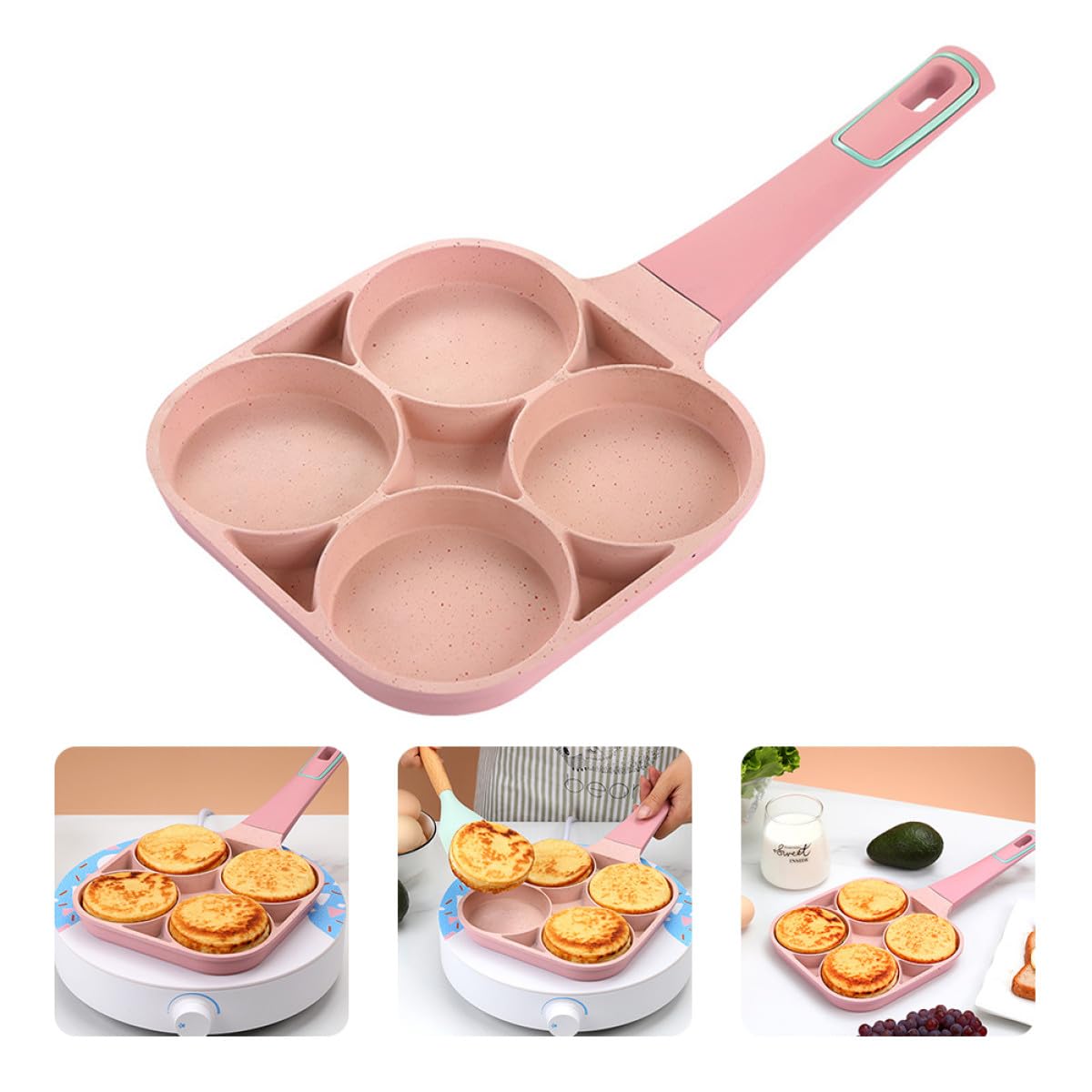 ibasenice Padella Facile da Pulire 4 Fori Uova Antiaderente e in Lega di Alluminio per Rosa Preparare Hamburger e Pancake