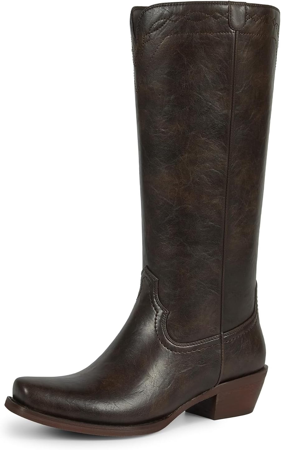 wetkiss Cowboy Boots for Women Knee High Cowgirl Boots, Square Toe Chunky Block Low Heel, Vintage Faux Leather Campus Boot Pull On