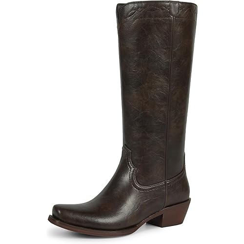 wetkiss Cowboy Boots for Women Knee High Cowgirl Boots, Square Toe Chunky Block Low Heel, Vintage Faux Leather Campus Boot Pull On